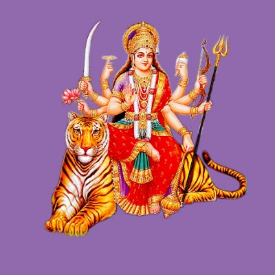 the god sitting on top of a tiger in front of a purple circle with an arrow