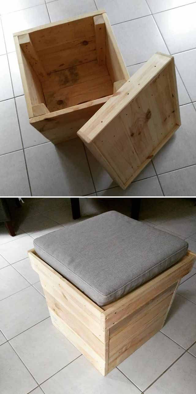 two pictures of a wooden box on the floor and one has a cushion in it