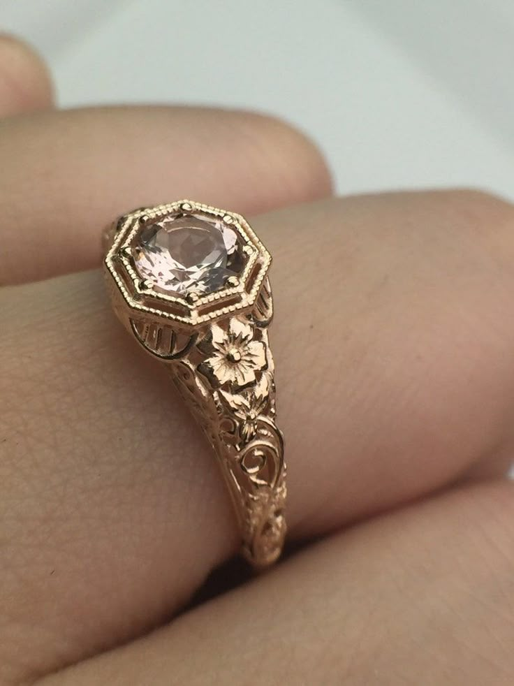 14k Rose Gold , 5mm Morganite Center With Flowers on the Side - Etsy Rose Gold Engagement Ring Vintage, Cute Engagement Rings, Simple Band, Morganite Engagement, Dream Engagement Rings, Jewelry Lookbook, Pretty Rings, Ring Ideas, Dream Jewelry