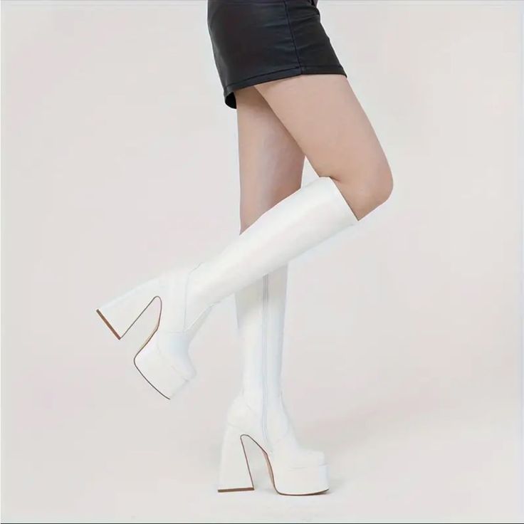 Ultrahigh Heel Chunky Platform Knee High Punk Goth Boots For Women - Zipper Closure, Stretchy Polyurethane Pu Faux Leather, Square Toe, Fashionable Casual Shoes With Contoured Heel And Rubber Sole - All-Season Wear Boutique Brand !!*Please Note*!! *This Is A Pre-Order Item And Requires A Longer Than Usual Shipping Time. Please Allow 7-14 Business Days Before Shipping.* Please Consider This Time Frame Before Placing Your Order. Thank You For Your Patience And Understanding, As This Helps Us Manag Fitted Punk Platform Boots With Round Toe, Fitted Round Toe Platform Boots For Alternative Fashion, Fitted Punk Style Platform Boots, Fitted Alternative Platform Boots For Fall, Fitted Alternative Style Platform Boots For Fall, Alternative Knee-high Platform Boots For Party, Alternative Style Knee-high Platform Boots For Party, Edgy Fitted Boots With Chunky Platform, Punk Style Platform Boots For Spring Party