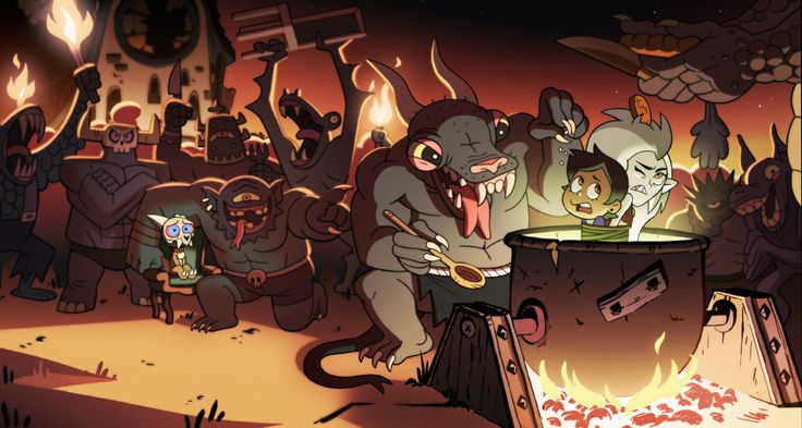 an animated scene with many people in the background, including two mice and one demon