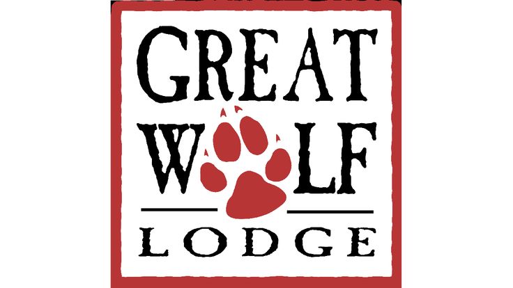 the great wolf lodge logo is red and white with an animal's paw on it