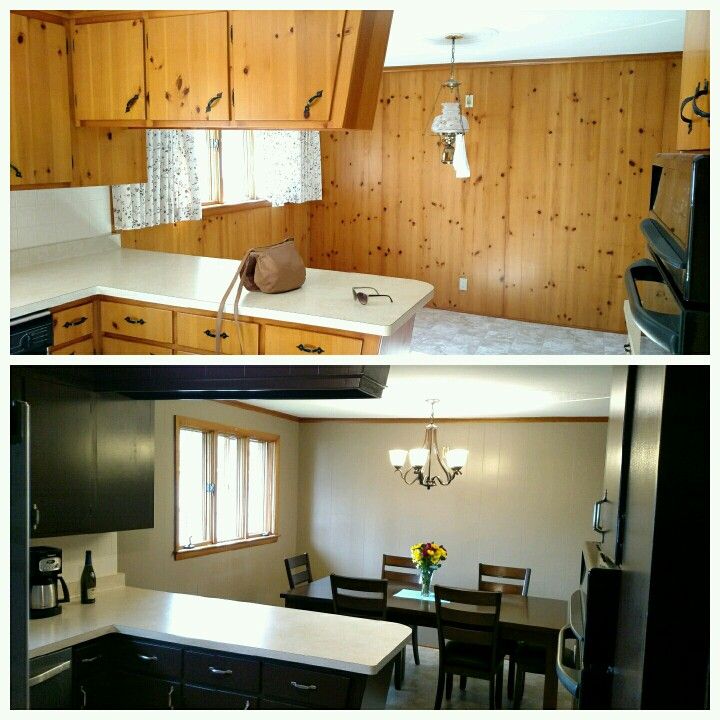 Before and after, painting our knotty pine!! Kitchen