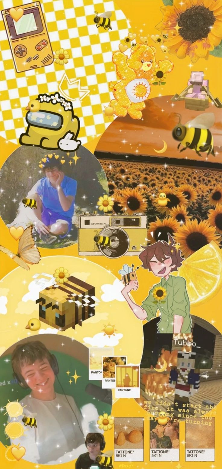 a collage of photos with bees and sunflowers