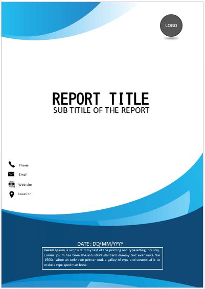 a blue and white report cover with the words report title in black on top of it