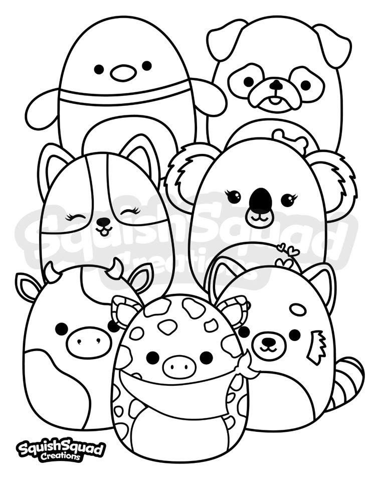 a group of cartoon animals with faces drawn in the style of an animal coloring book