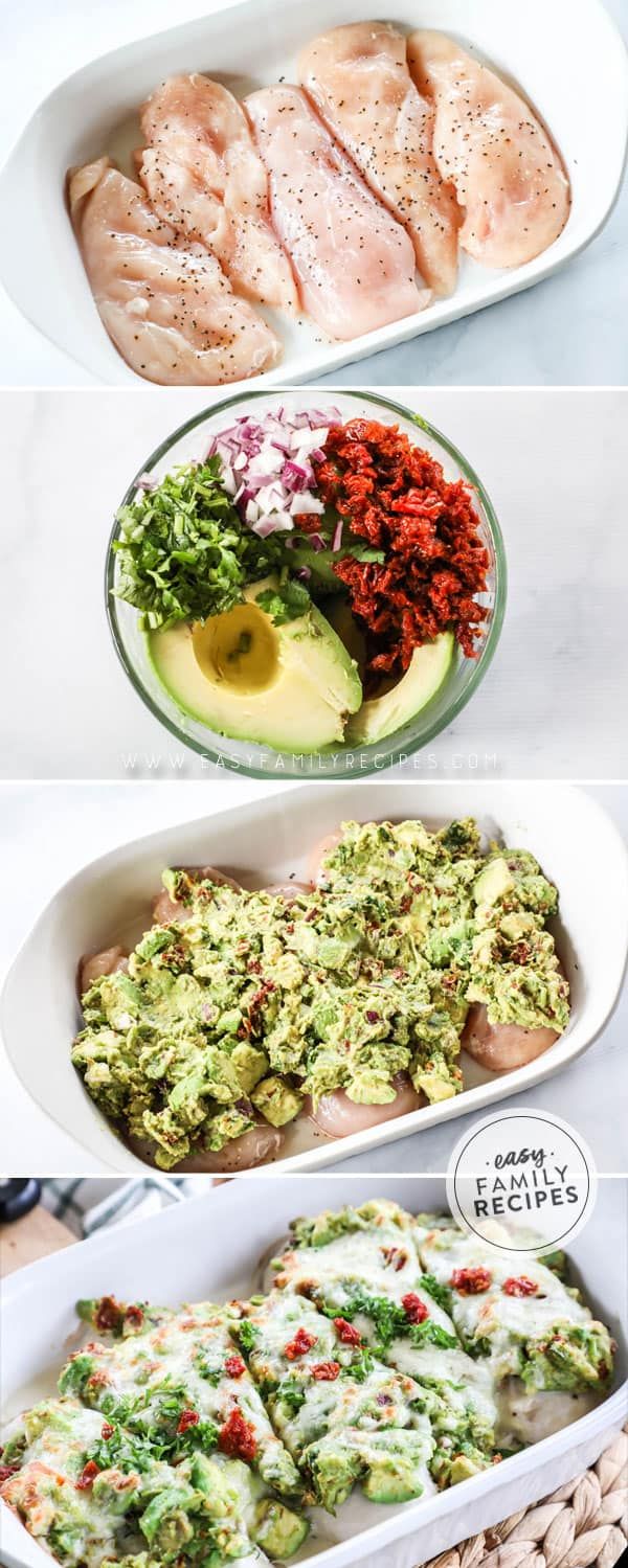 four different types of food are shown in the same pans, including broccoli and avocado