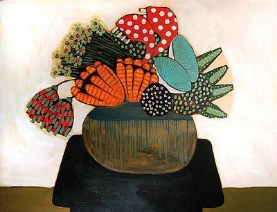 a painting of flowers in a vase with polka dots on the top and green leaves