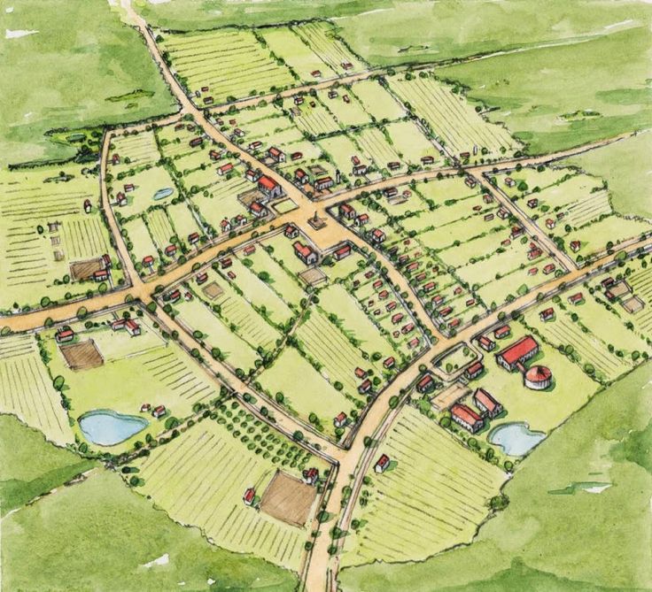 an artist's rendering of a city with lots of green fields and houses on it