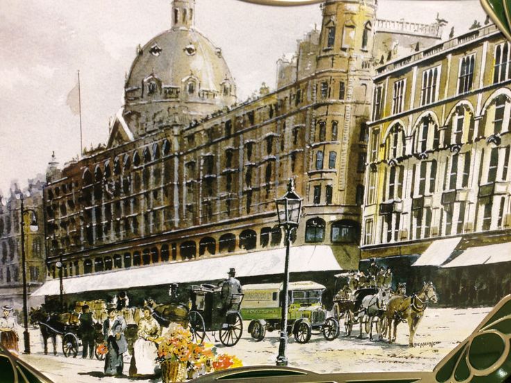 an image of a city scene with horse drawn carriages and people on the street in front of buildings