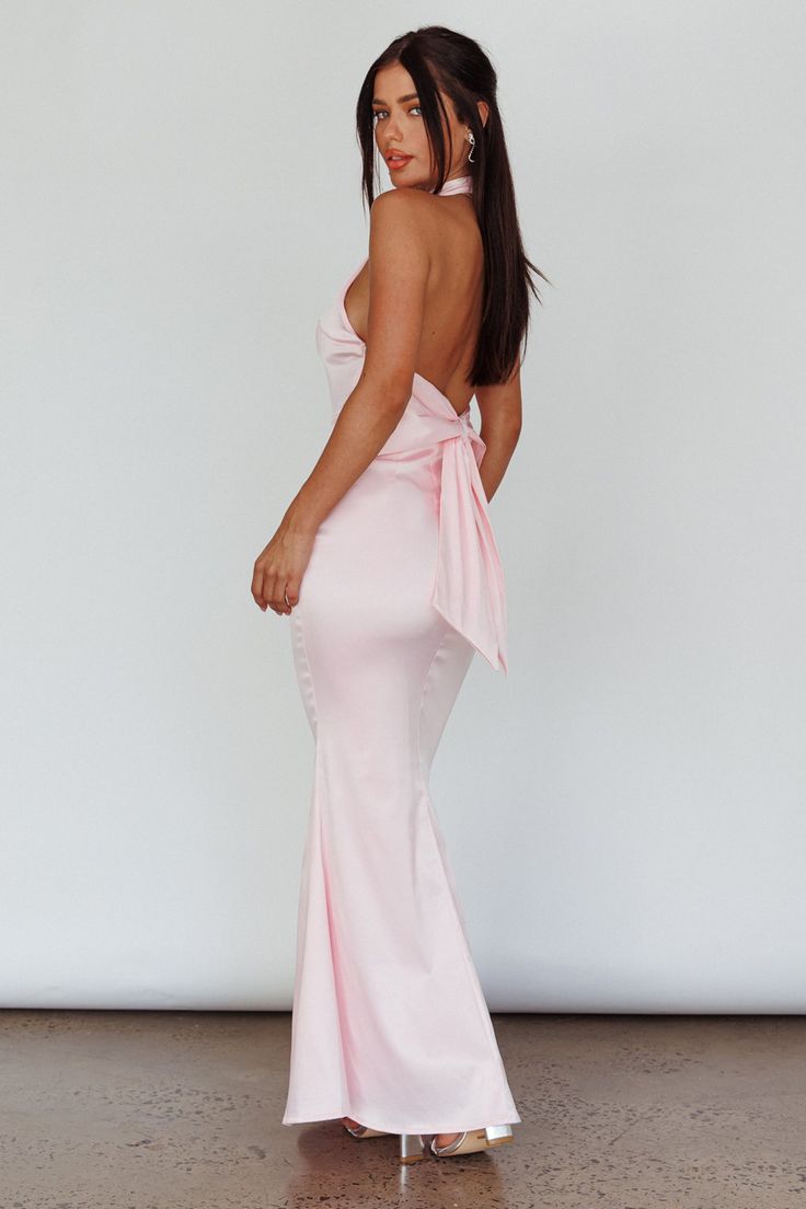 Fifth Avenue Bow Back Maxi Dress Baby Pink Light Pink Formal Square Neckline Dress, Pink Fitted Gowns, Pink Fitted Formal Dress, Long Blush Pink Dresses, Light Pink Bridesmaid Gowns, Long Pink Dress Formal Accessories, Pastel Pink Dresses Formal, Pink Corset Bridesmaid Dress, Classy Pink Prom Dress