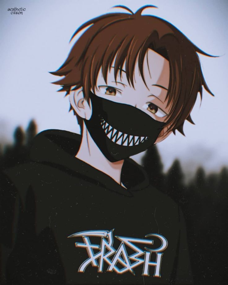 an anime character wearing a black mask with teeth