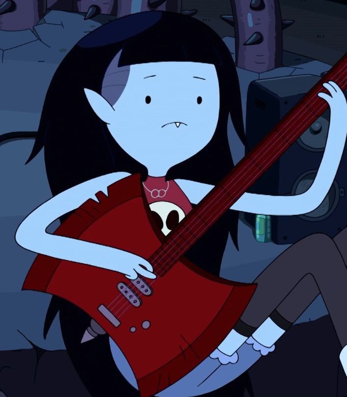 a cartoon character holding a red guitar