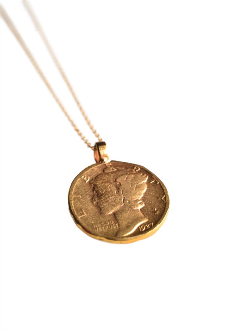 Handcrafted vintage-inspired 1927 Liberty dime etched coin. 14K gold-filled chain/bronze pendant, 14k gold or sterling silver Standard Adjustable 18"+ 2" Rope chain Adjustable 20" + 2" Handcrafted in Los Angeles Antique Coin Necklace For Commemoration, Classic Tarnish Resistant Medallion Necklace, Classic Tarnish-resistant Collectible Jewelry, Vintage Coin-shaped Tarnish Resistant Jewelry, Antique Coin Necklace With Vintage Charm As Gift, Antique Style Coin Necklace With Vintage Charm For Gifts, Vintage Tarnish-resistant Coin-shaped Jewelry, Antique Coin Necklace With Vintage Charm For Gift, Classic Vintage Charm Brass Necklace