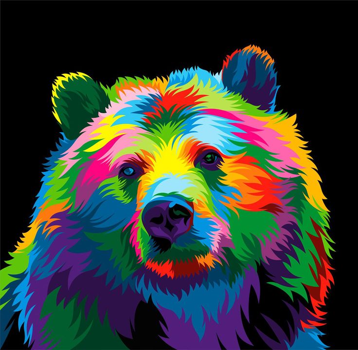 a colorful bear on a black background is featured in the image, it appears to be multicolored