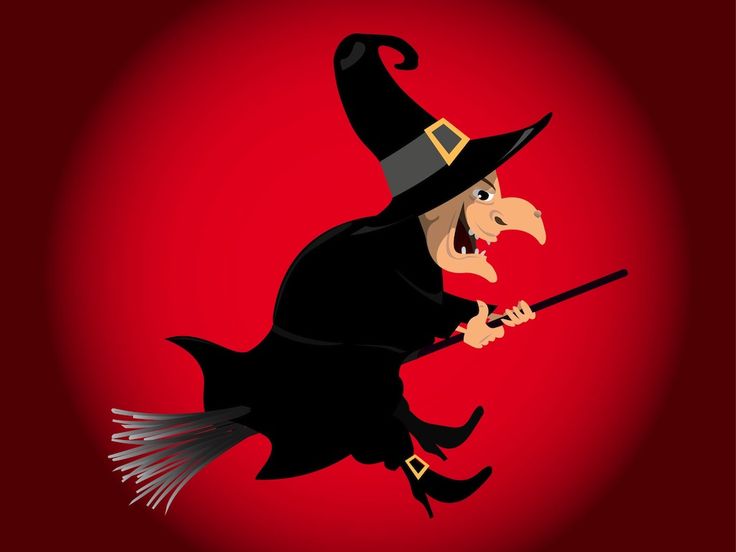 a cartoon witch flying through the air with a broom in her hand and wearing a black hat