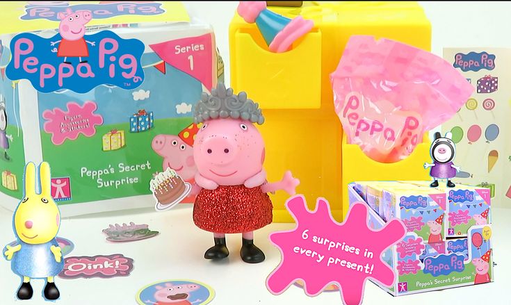 peppa pig figurines are on display in front of boxes and other toys