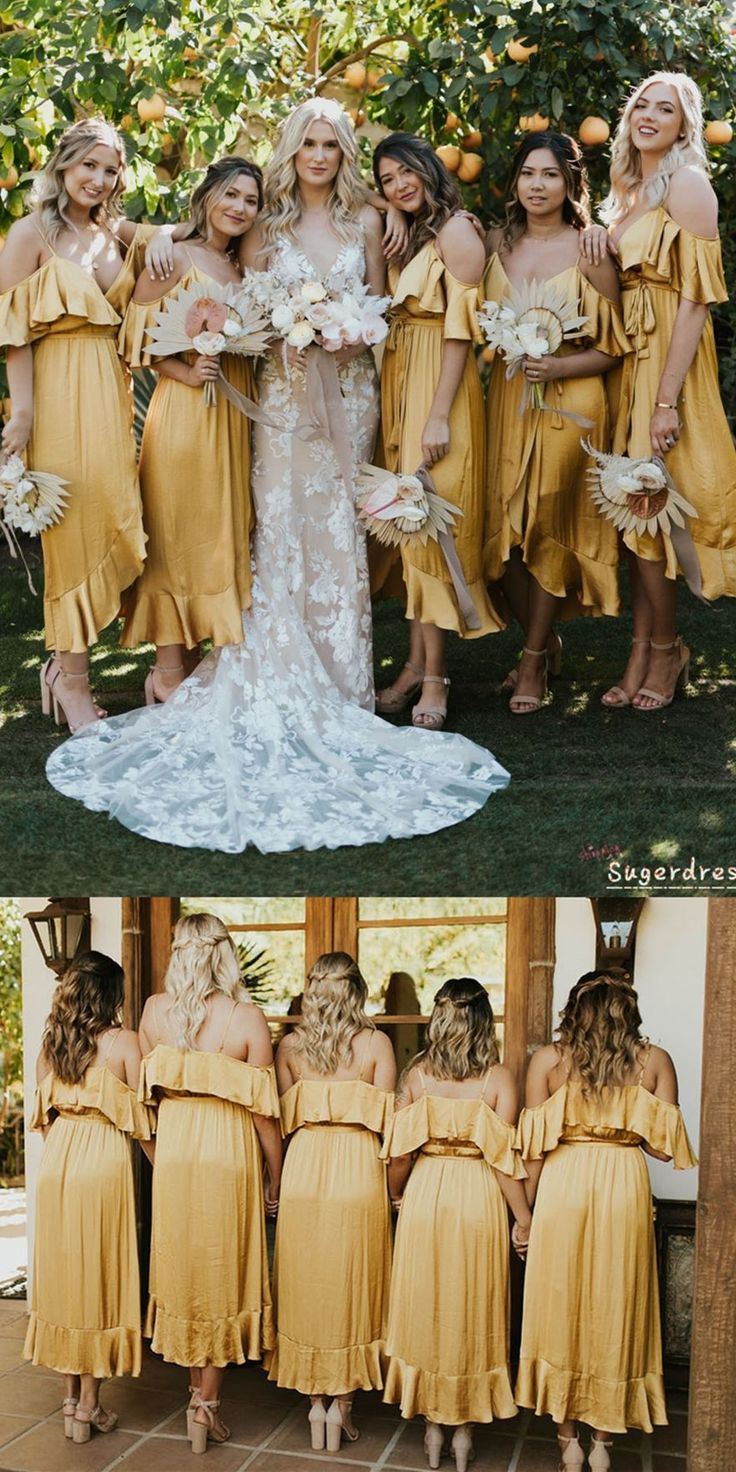 the bridesmaids in yellow dresses are posing for pictures