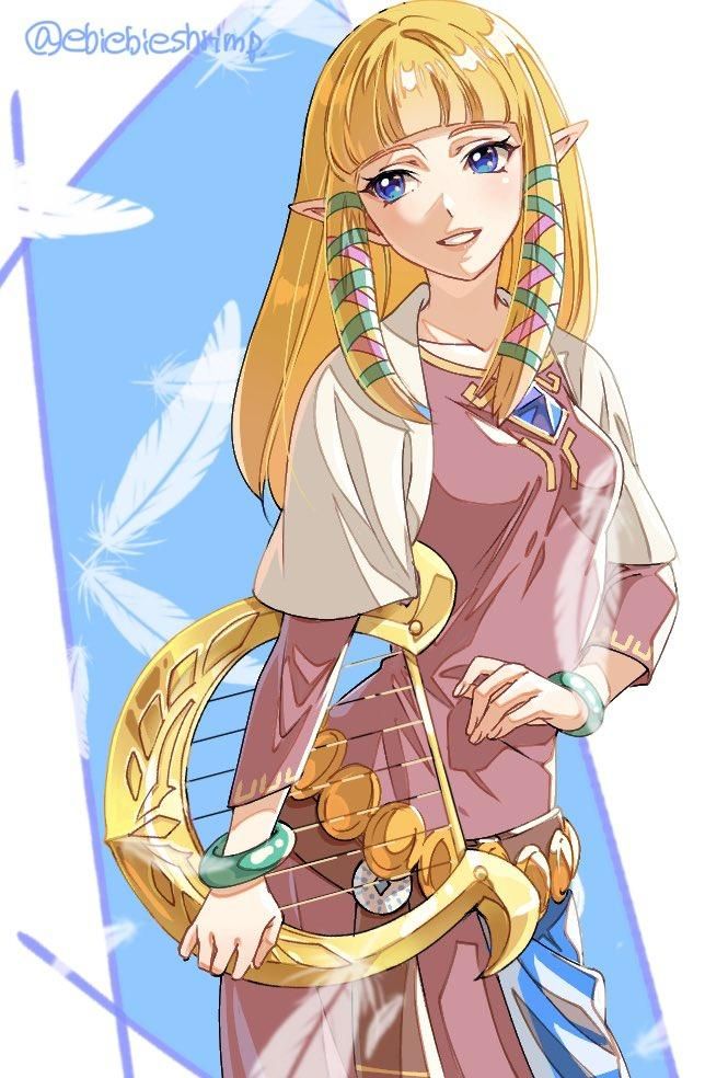 an anime character with long blonde hair and blue eyes holding a bow in her hand