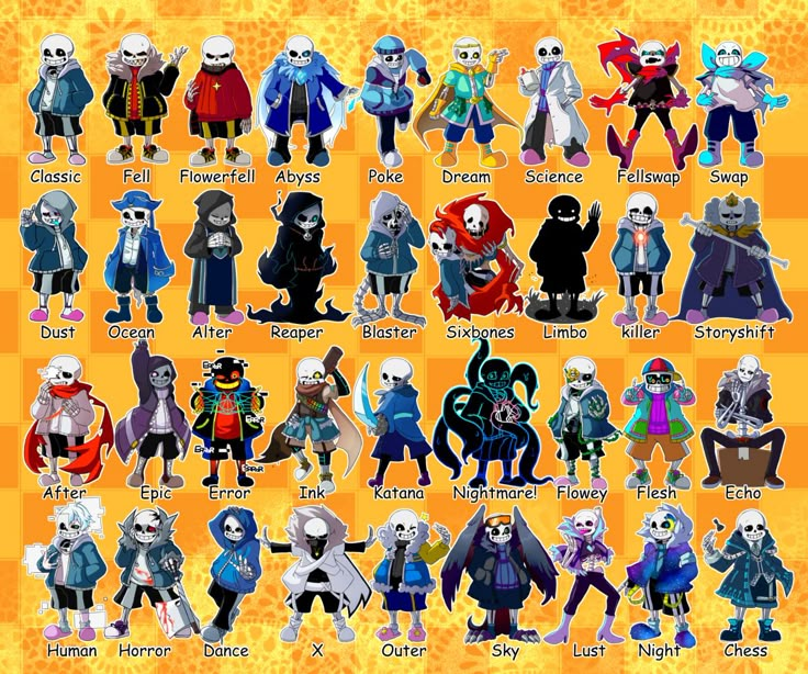 an image of cartoon characters in different poses on a checkered background with words below them