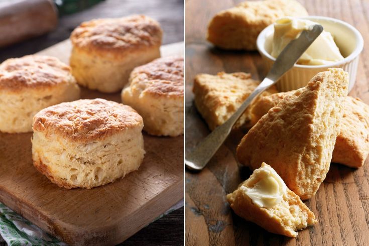 two pictures side by side one has biscuits and the other has butter in it on a cutting board