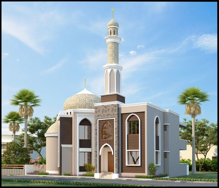 a large white and brown building with a clock on it's side, surrounded by palm trees