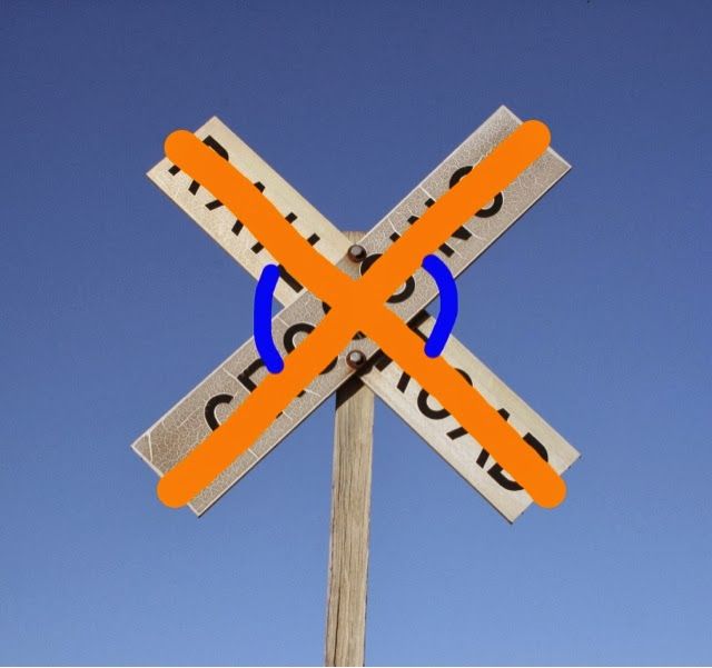 a close up of a street sign with blue and orange designs on it's sides