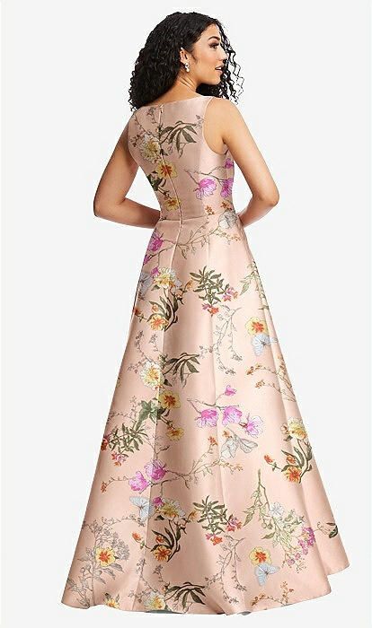 Boned Corset Closed-back Floral Satin Bridesmaid Dress With Full Skirt In Butterfly Botanica Pink Sand | The Dessy Group Satin Gown Designs, Formal Wedding Attire, Alfred Sung, Boned Corsets, Floral Corset, Satin Bridesmaid Dresses, Satin Gown, Floral Print Maxi Dress, Anarkali Dress