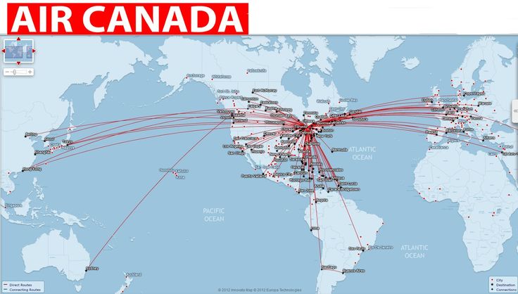 an air canada map with several planes flying over the world in red and blue colors