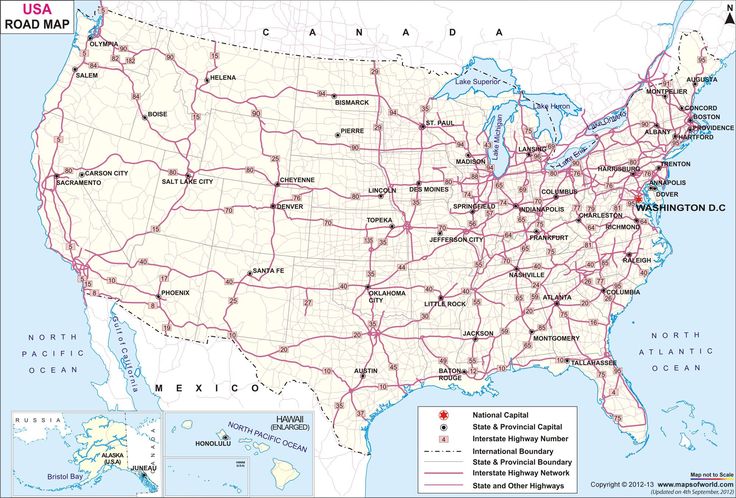 a map of the united states with roads and major cities in each country on it