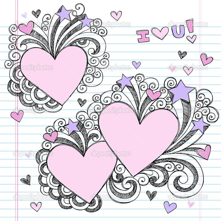 two pink hearts with stars and swirls on lined paper, in the style of doodle