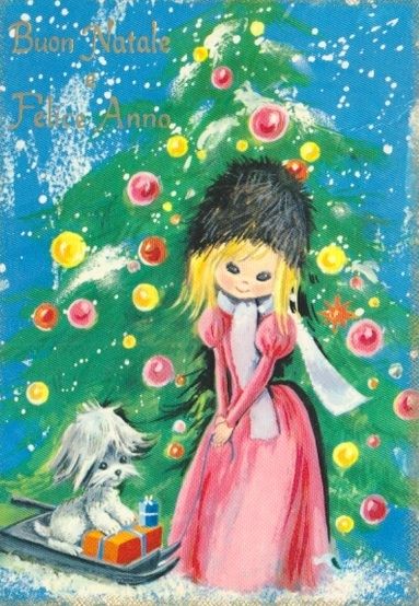 a painting of a girl in front of a christmas tree with a small white dog