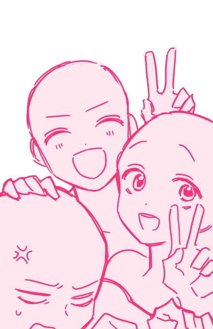 two people are hugging each other with their faces drawn in pink ink on a white background