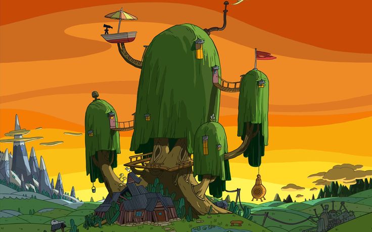 an image of a cartoon tree house in the middle of a field with other trees