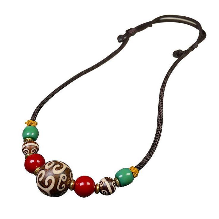 Tibetan pattern beads lanyard clavicle chain with Aka red Xueba glass accessories necklace Adjustable Long Clavicle-style Beaded Necklace, Adjustable Long Beaded Necklace As Fashion Accessory, Bohemian Glass Necklaces With Round Beads, Colorful Beads Adjustable Long Necklace, Red Clavicle Chain Jewelry With Round Pendant, Red Clavicle Chain With Round Pendant, Adjustable Clavicle Chain Beaded Choker, Adjustable Beaded Chain Necklace As Gift, Adjustable Jewelry With Large Beads For Gifts