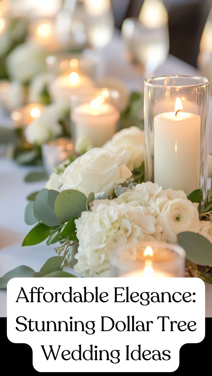 A budget-friendly wedding table setting with elegant Dollar Tree decorations, including DIY centerpieces, candles, and floral arrangements. Wedding Altar With Candles, Wedding Centerpieces On Round Tables, Wedding Centerpieces Without Candles, Fake Flowers Centerpieces Wedding, Elegant Outdoor Wedding Reception Table Arrangements, Simple Cheap Wedding Decorations, Blush Wedding Theme Table Settings, Low Rose Centerpieces, Head Table With Lanterns