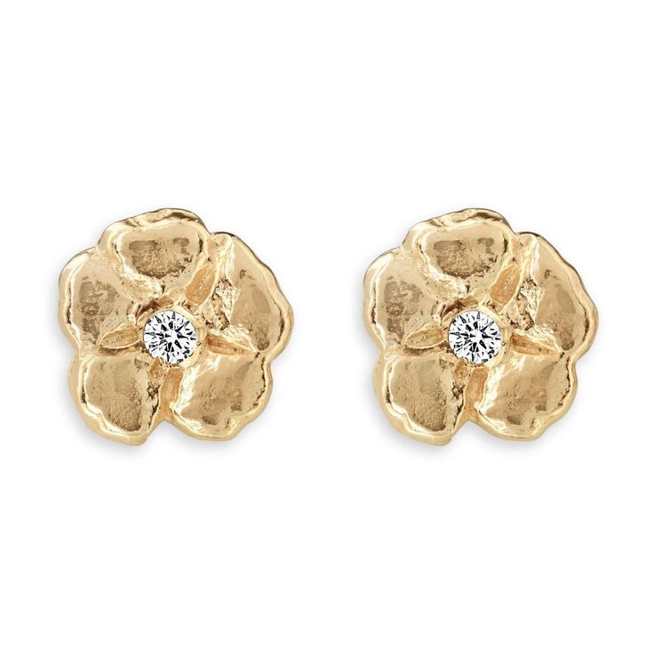 Helen Ficalora Gold Cherry Blossom Stud Earrings with Diamonds in 14k Yellow Gold 14k Yellow Gold Flower Earrings For Anniversary, Yellow Gold Flower Cluster Earrings For Anniversary, Yellow Gold Flower-shaped Earrings For Anniversary, Anniversary Yellow Gold Flower Shaped Earrings, Yellow Gold Flower Earrings With Prong Setting, Yellow Gold Round Flower Earrings With Prong Setting, Gold Flower Diamond Earrings With Prong Setting, Yellow Gold Round Flower Earrings For Anniversary, Flower Shaped Yellow Gold Diamond Earrings Gift