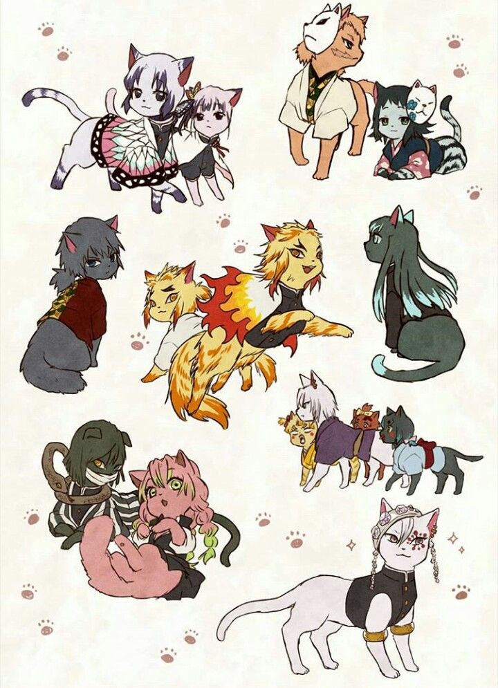 many different types of cats and dogs are depicted in this cartoon character drawing style illustration