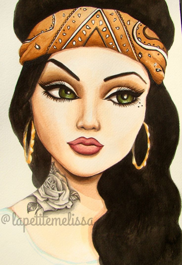 a drawing of a woman with long black hair and green eyes wearing a brown bandana