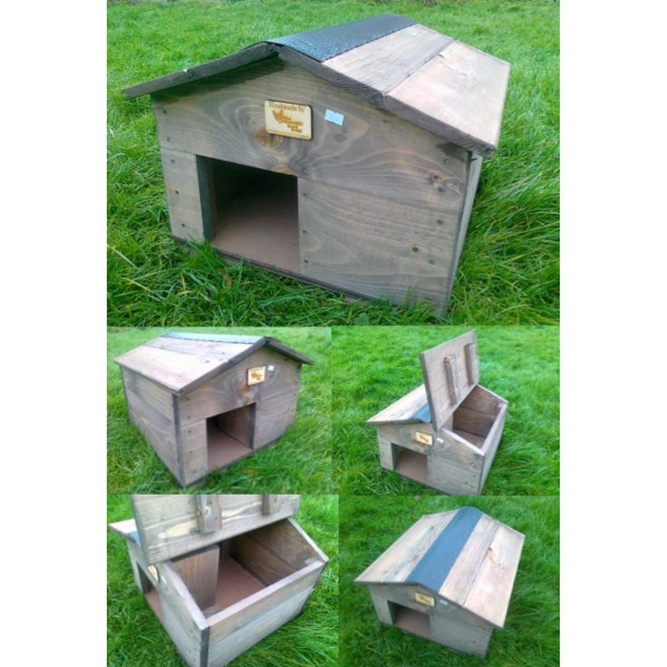 four different views of a dog house made out of pallet wood and metal, sitting in the grass