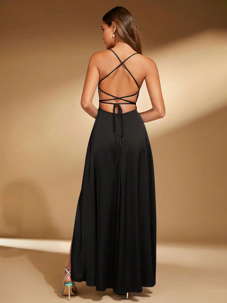 Women's Elegant Backless Split Bridesmaid Dress With Thigh Length Hemline Black   Sleeveless Woven Fabric Plain  Non-Stretch  Weddings & Events, size features are:Bust: ,Length: ,Sleeve Length: Laced Back Bridesmaid Dress, Backless Aline Prom Dress, Dress Long In Back, Deep Backless Dress Formal, Long Open Side Dress, Bare Back Dress Gowns, Strappy Back Long Dress, Backless Dress Formal Plus Size, Cross Back Bridesmaid Dress