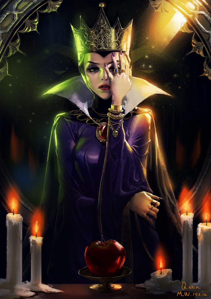 a painting of a woman wearing a crown and holding a apple in front of candles