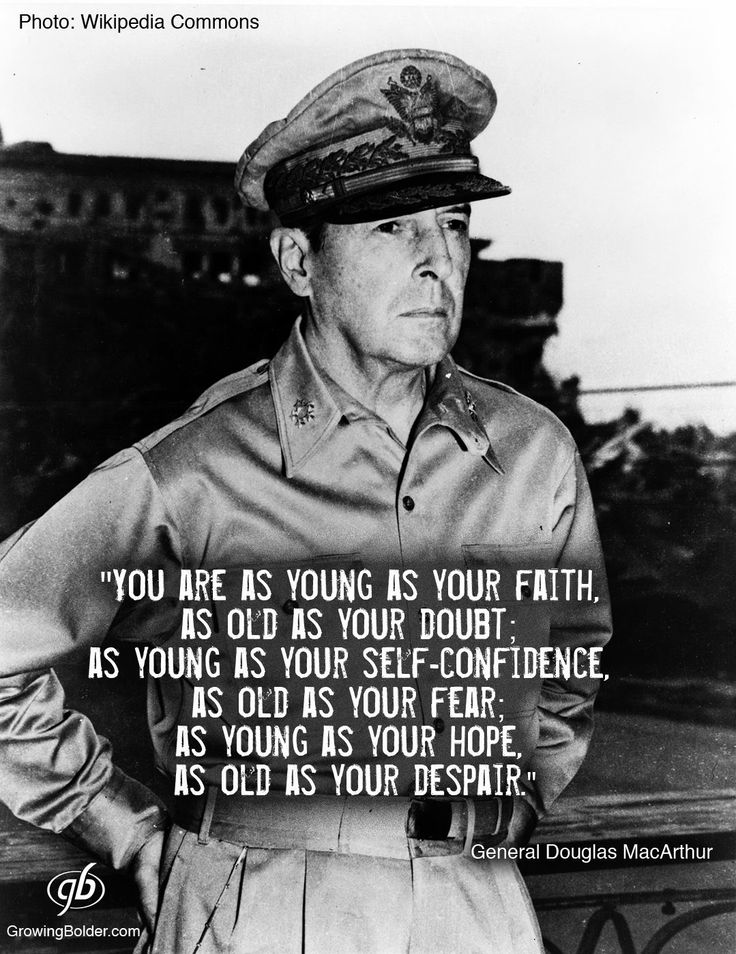 a black and white photo of a man in uniform with a quote from general douglas macathur