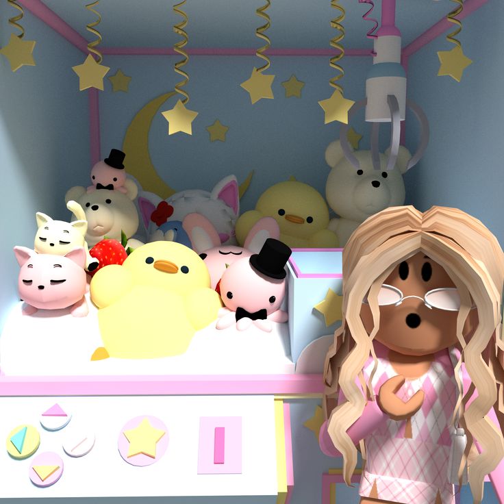 a girl standing in front of a shelf filled with stuffed animals