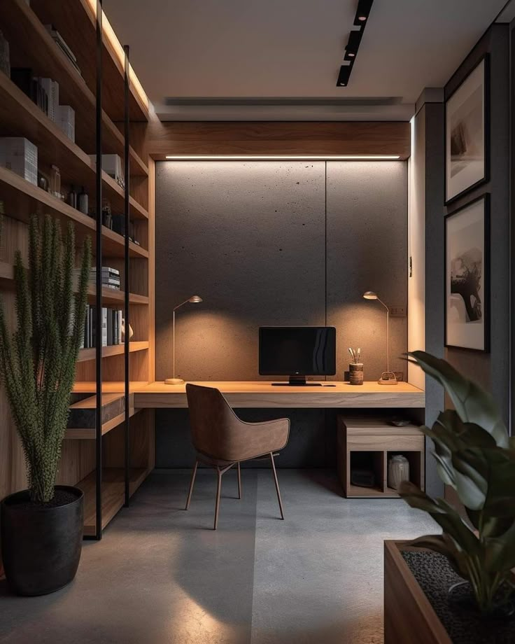 a home office with wooden shelves and plants in the corner, along with a computer desk