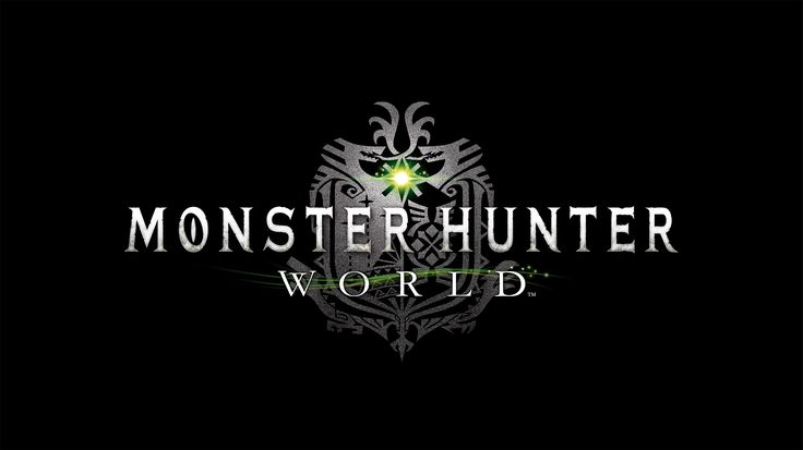 the logo for monster hunter world, which has green eyes and an ornate design on it