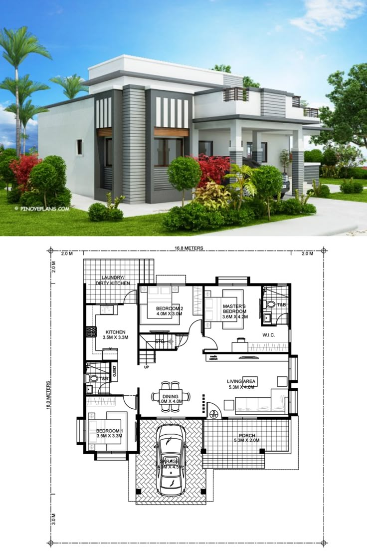 two story house plan with 3 bedroom and 2 bathrooms on each floor, in the middle of