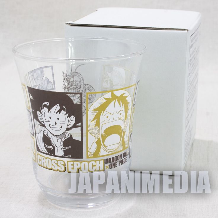 a glass cup with an image of two different characters on the front and one in the back