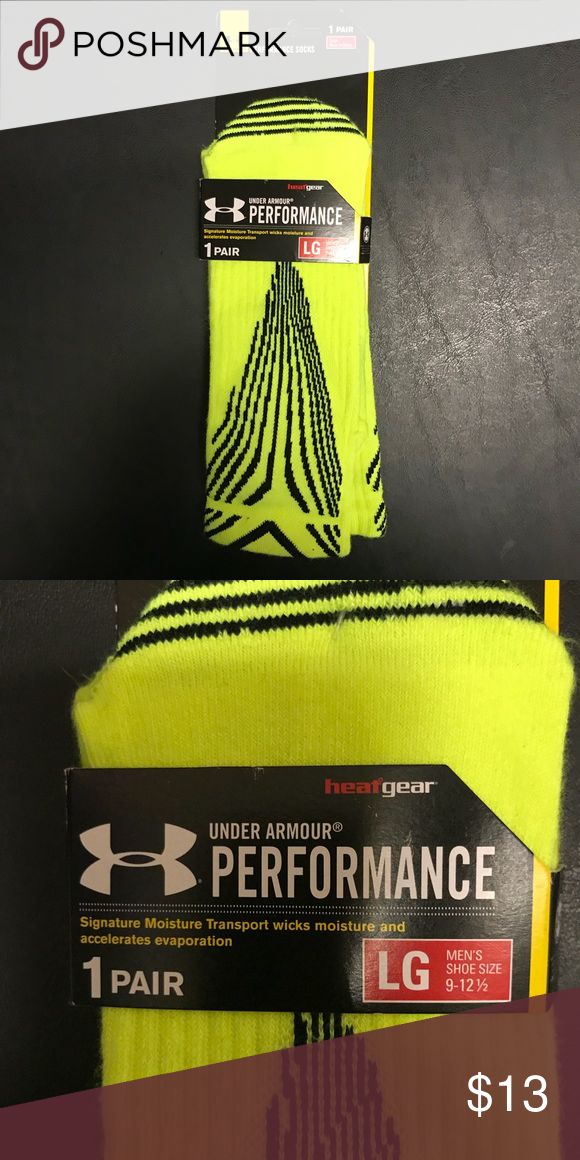 Under Armour Performance socks Fluorescent yellow and black Under Armour Performance socks. NWT. Size LG (9-12.5).  Comes from a smoke free home. Under Armour Underwear & Socks Athletic Socks Fluorescent Yellow, Athletic Socks, Yellow And Black, Men Shoes Size, Yellow Black, Under Armour, Fashion Home Decor, Fashion Home, Socks