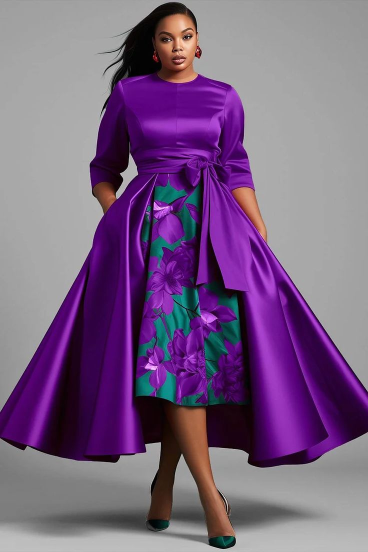 Xpluswear Design Plus Size Formal Red Floral Round Neck 3/4 Sleeve Peplum Satin Midi Dresses - Xpluswear 2 In 1 Dresses, Dark Purple Mother Of The Bride Dress, Purple Dresses For Women, Purple Dress Formal Classy, Purple Plus Size Dresses, Classy Formal Dresses, Plus Size Special Occasion Dresses, Royal Purple Wedding, Satin Midi Dresses